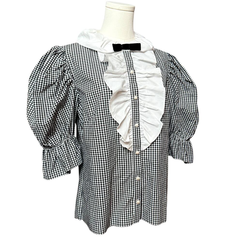 Batsheva Lou Blouse Size 10 Black /White Check Taffeta 3/4 Puffed Sleeves - Picture 8 of 13
